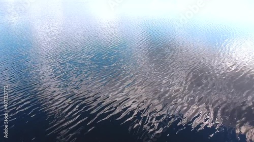 Flying over a lake where clouds are reflected