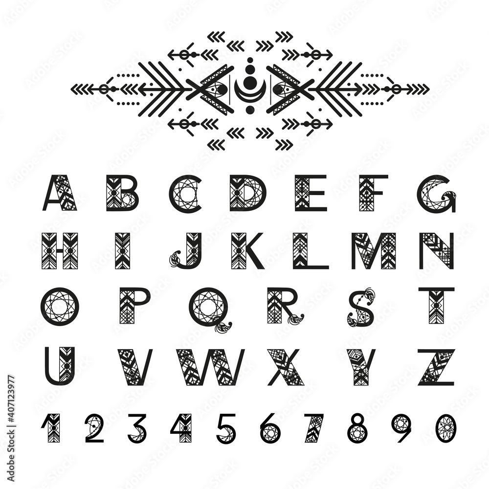 Tribal style alphabet. Ethnic ornamental font. Vector illustration.