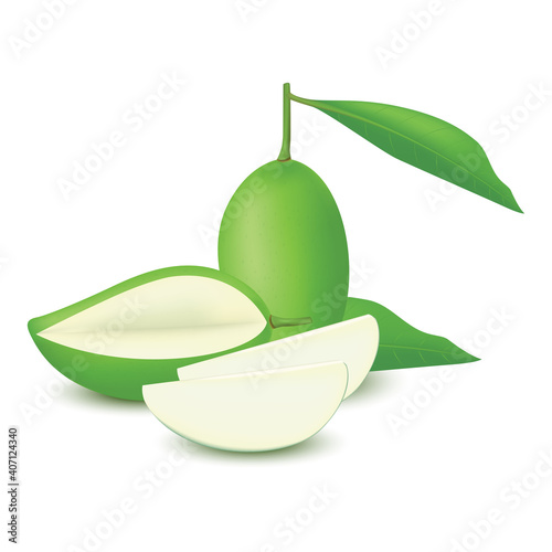 Whole green mango with half leaves isolated on white background. Vector illustration.