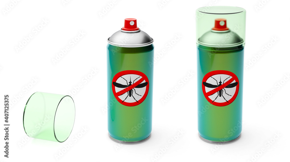 Mosquito spray. Insect protection. Aerosol metal can of green color. isolated on white background. 3d render Mosquito spray. Insect protection. Aerosol metal can of green color. isolated on white background. 3d render