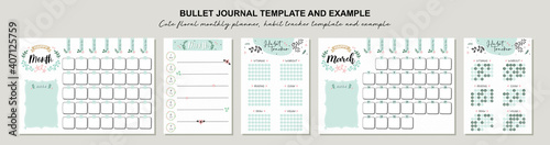 Set of planners with cute floral doodles.  Template for agenda, schedule, planners, checklists, bullet journal, notebook and other stationery.