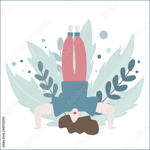 People Doing Sports, Shirshasana Yoga Exercise, Fitness, Workout in Different Poses, Stretching, Healthy Lifestyle, Leisure. Cartoon Flat Vector Illustration