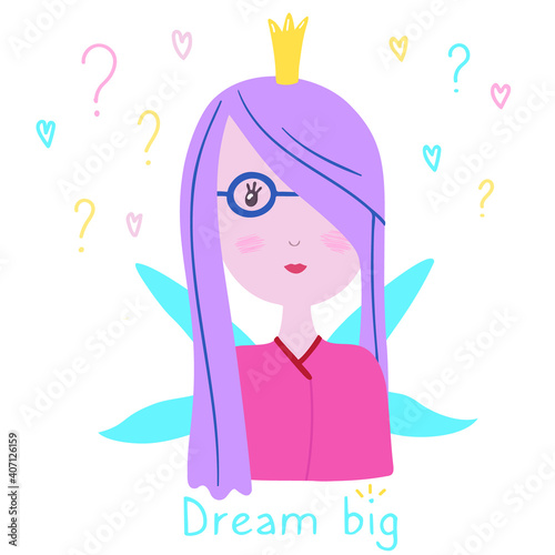 Cute little fairy princess in flat style. Cartoon gentle girl character with colorful hair, crown and wings. Big dreams. Isolated on a white. Hand drawn vector illustration for cards stickers posters.