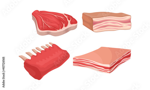 Beef Rib, Steak and Lard as Raw Meat Product for Cooking and Eating Vector Set