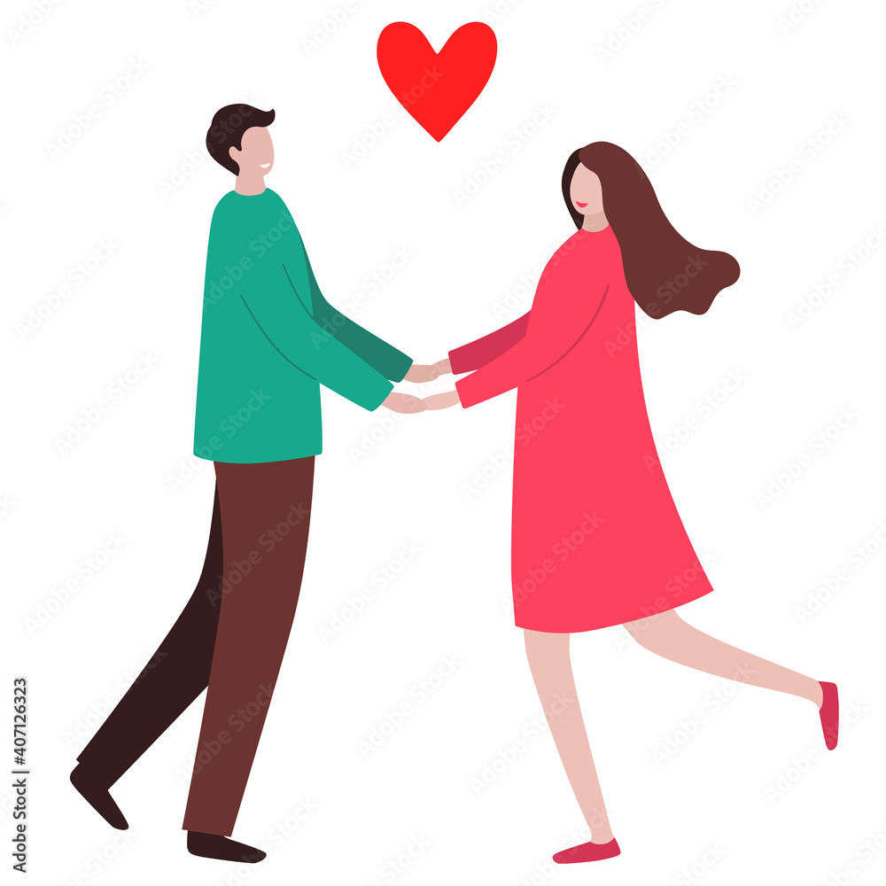 Lovers hold hands, reach out to each other. Valentine's Day. Red love heart. Young guy and girl or man and woman in love. Colorful flat vector stock illustration. People isolated on a white background