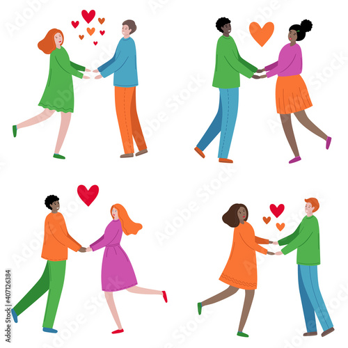 Happy young interracial couples in love collection. Lovers hold hands.  Multinational lovers. African American couple. Set of cartoon characters isolated on a white. Valentines Day. Flat vector style.