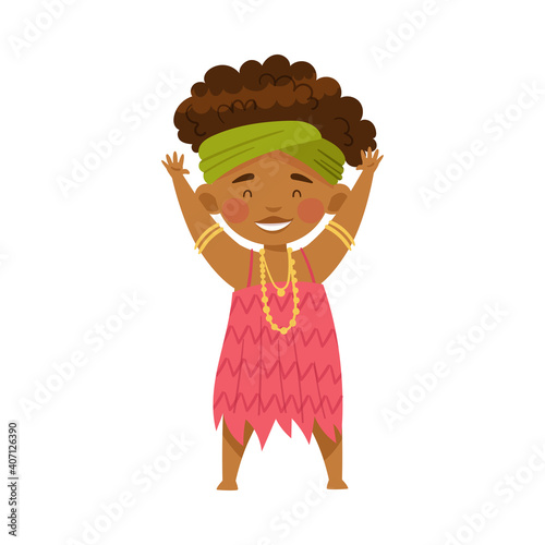 African Little Girl in Traditional Tribal Clothing Standing Vector Illustration