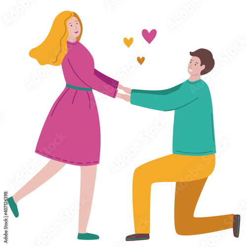 A man standing on one knee makes a proposal of marriage to his girlfriend. Man and woman are in love. Young couple holding hands. Vector flat illustration isolated on a white background.