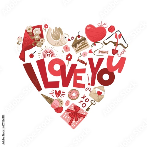 Valentine's Day symbols in the shape of a heart drawn in vintage style isolated on a white background. Banner concept with lettering i love you. Card for birthday, newlyweds. Vector iliustration photo