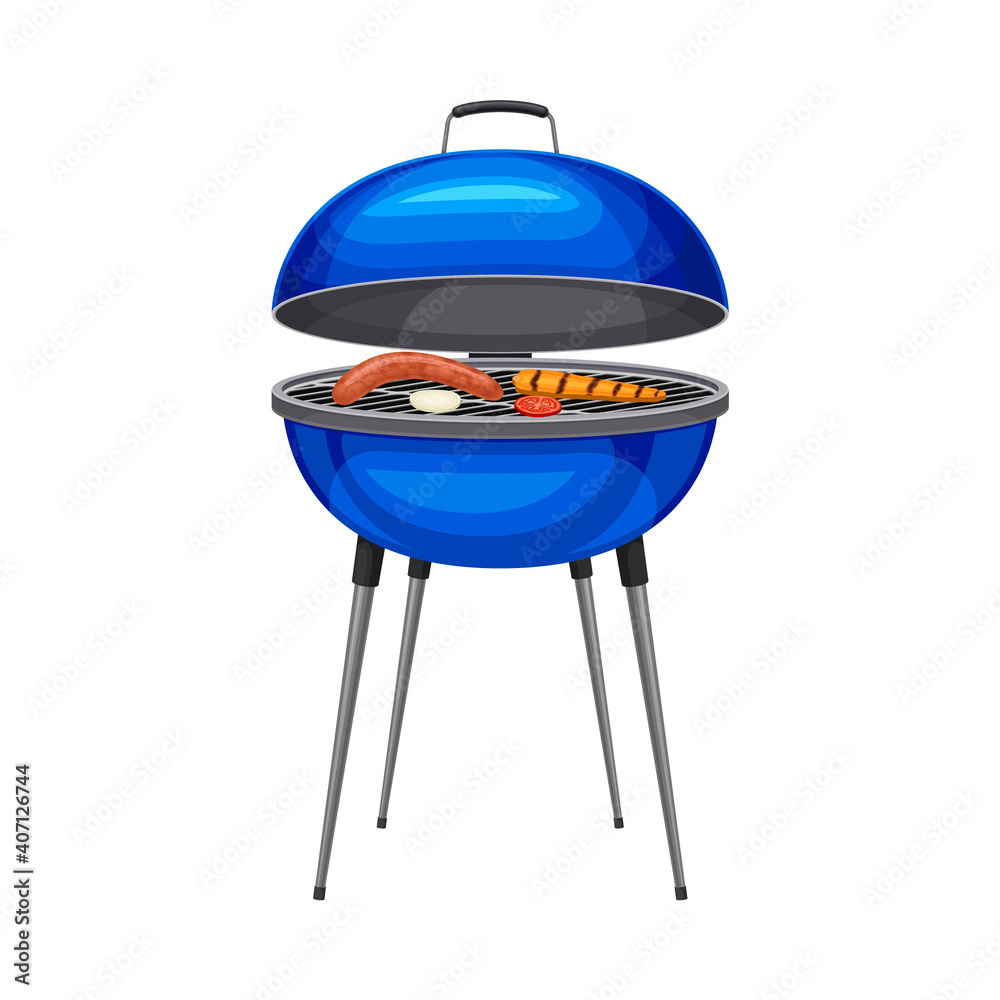 Kettle Barbecue Grill with Sausage and Vegetables Cooking on It Vector Illustration Kettle Barbecue Grill with Sausage and Vegetables Cooking on It Vector Illustration