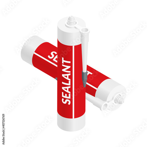 Isometric vector illustration silicone sealant packaging container tube with nozzle isolated on white background. Realistic silicone sealant tube icon in flat cartoon style. Building materials.