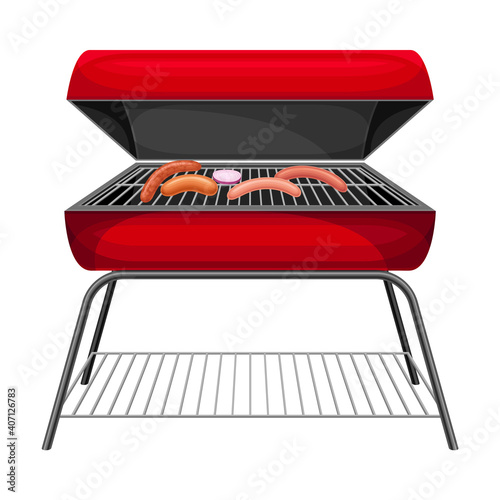 Square Charcoal Barbecue Grill with Metal Grid for Cooking Food and Lid Vector Illustration