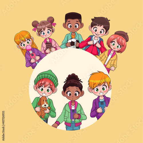 young interracial teenagers kids around anime characters