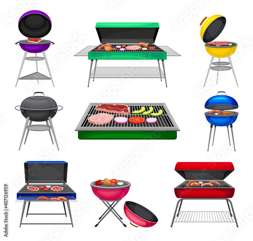 Barbecue Grill with Charcoal Kettle and Square Grill with Food Cooking on It Vector Set
