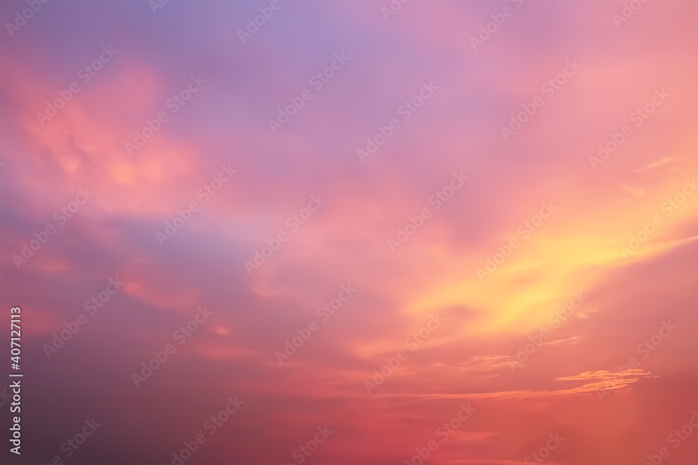 Dramatic atmosphere panorama view of colorful blurry and soft twilight sky and cloud background for silhouette graphic presentation.