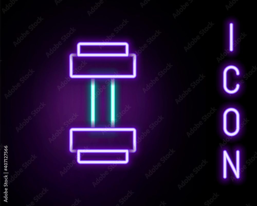 Glowing neon line Dumbbell icon isolated on black background. Muscle lifting icon, fitness barbell, gym, sports equipment, exercise bumbbell. Colorful outline concept. Vector.