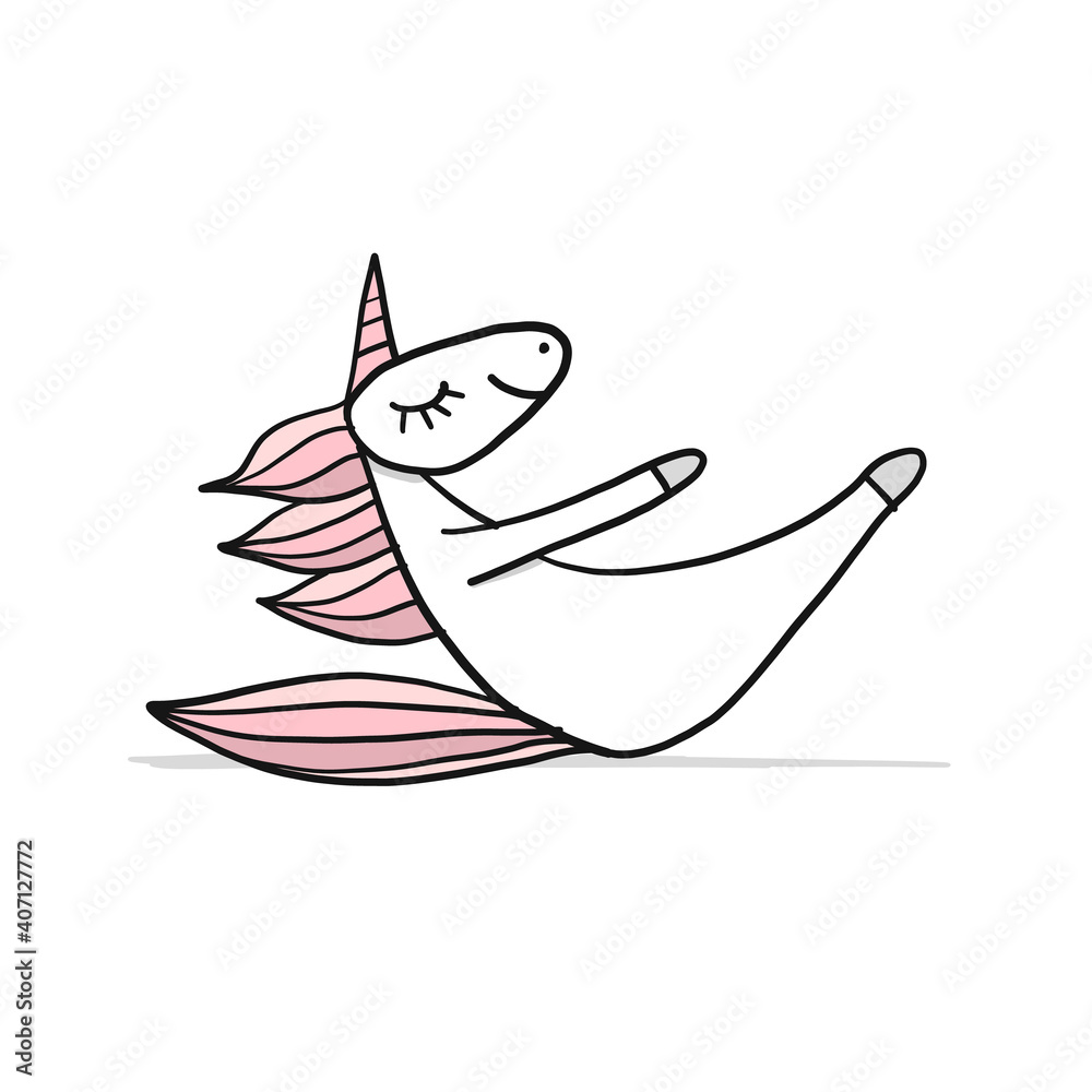 Funny Unicorn doing yoga, sketch for your design