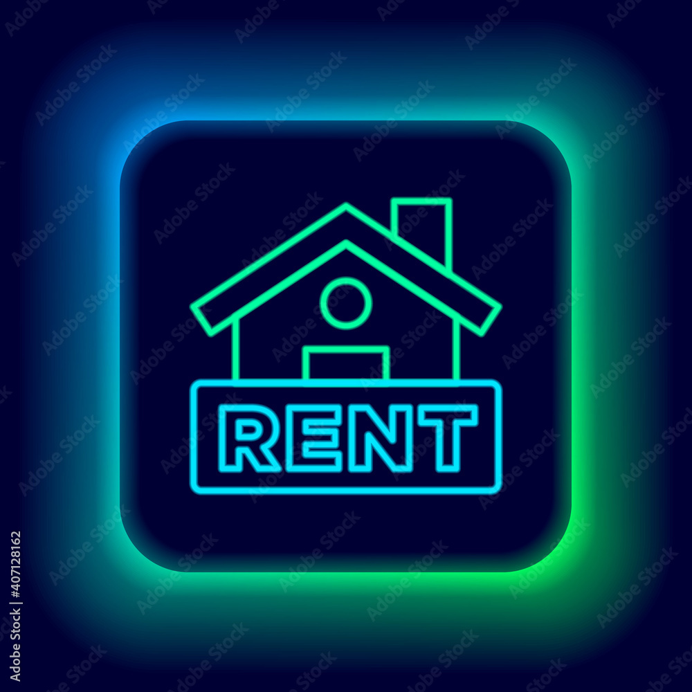 Glowing neon line Hanging sign with text Rent icon isolated on black background. Signboard with text For Rent. Colorful outline concept. Vector. Glowing neon line Hanging sign with text Rent icon isolated on black background. Signboard with text For Rent. Colorful outline concept. Vector.