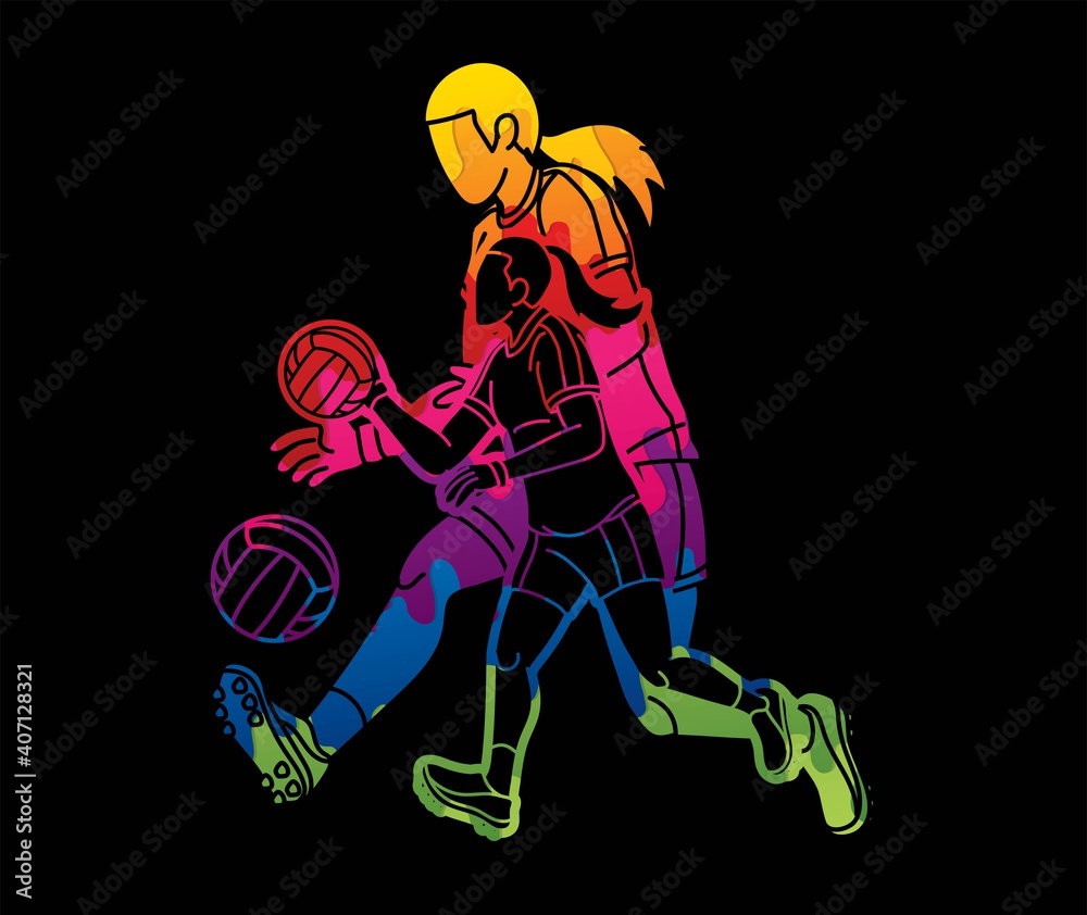 Group of Gaelic Football Women Players Action Cartoon Graphic Vector