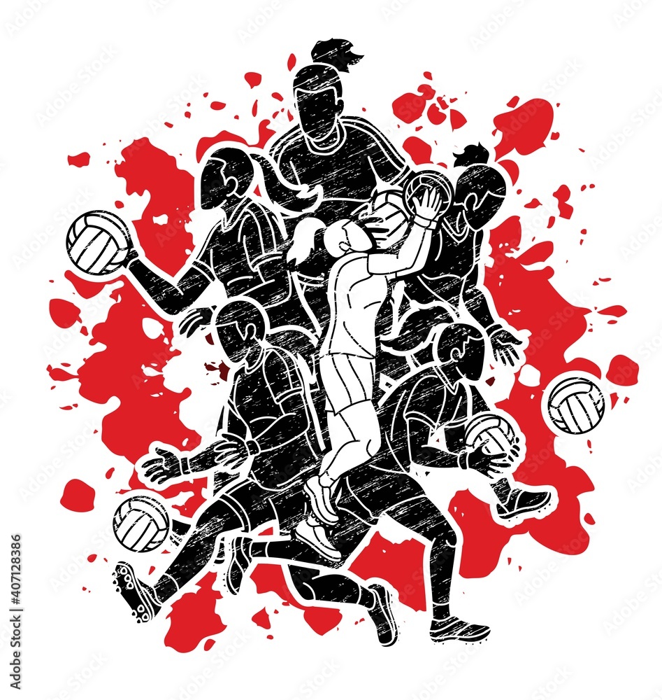 Obraz premium Group of Gaelic Football Women Players Action Cartoon Graphic Vector