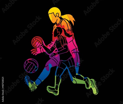 Group of Gaelic Football Women Players Action Cartoon Graphic Vector