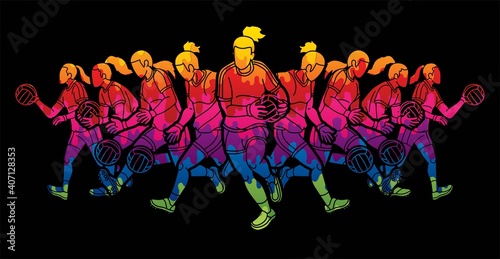 Group of Gaelic Football Women Players Action Cartoon Graphic Vector