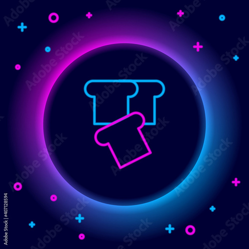 Glowing neon line Bread toast for sandwich piece of roasted crouton icon isolated on black background. Lunch, dinner, breakfast snack. Colorful outline concept. Vector.