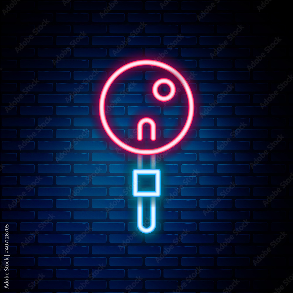 Glowing neon line Lollipop icon isolated on brick wall background. Food, delicious symbol. Colorful outline concept. Vector. Glowing neon line Lollipop icon isolated on brick wall background. Food, delicious symbol. Colorful outline concept. Vector.