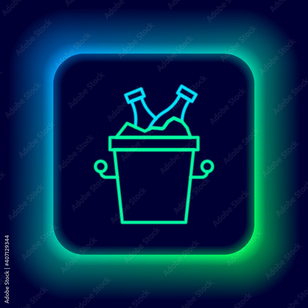 Glowing neon line Beer bottles in ice bucket icon isolated on black background. Colorful outline concept. Vector. Glowing neon line Beer bottles in ice bucket icon isolated on black background. Colorful outline concept. Vector.