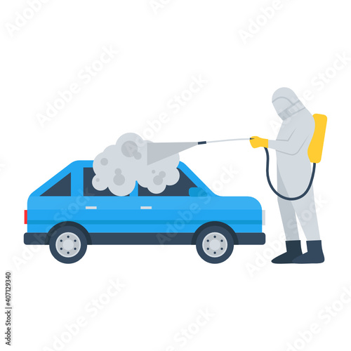 Man in a protective suit and washing the lorry Concept Vector Color Icon Design, covid car cleaning service Symbol on white background, Vehicle disinfection Sign, Decon wash Stock illustration