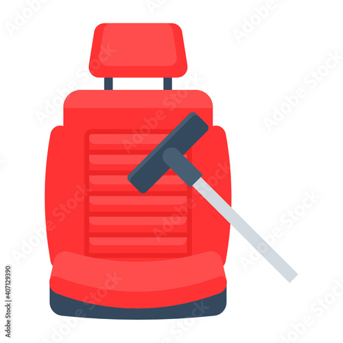 Car Seat with Cleaning Sprayer Concept, Interior Car Detailing vector Icon Design, covid lorry cleaning service Symbol on white background, Vehicle disinfection Sign, Front View of bucket seats