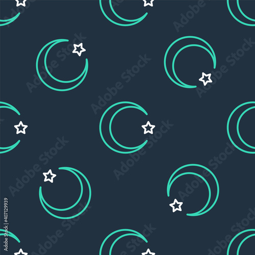 Line Star and crescent - symbol of Islam icon isolated seamless pattern on black background. Religion symbol. Vector.