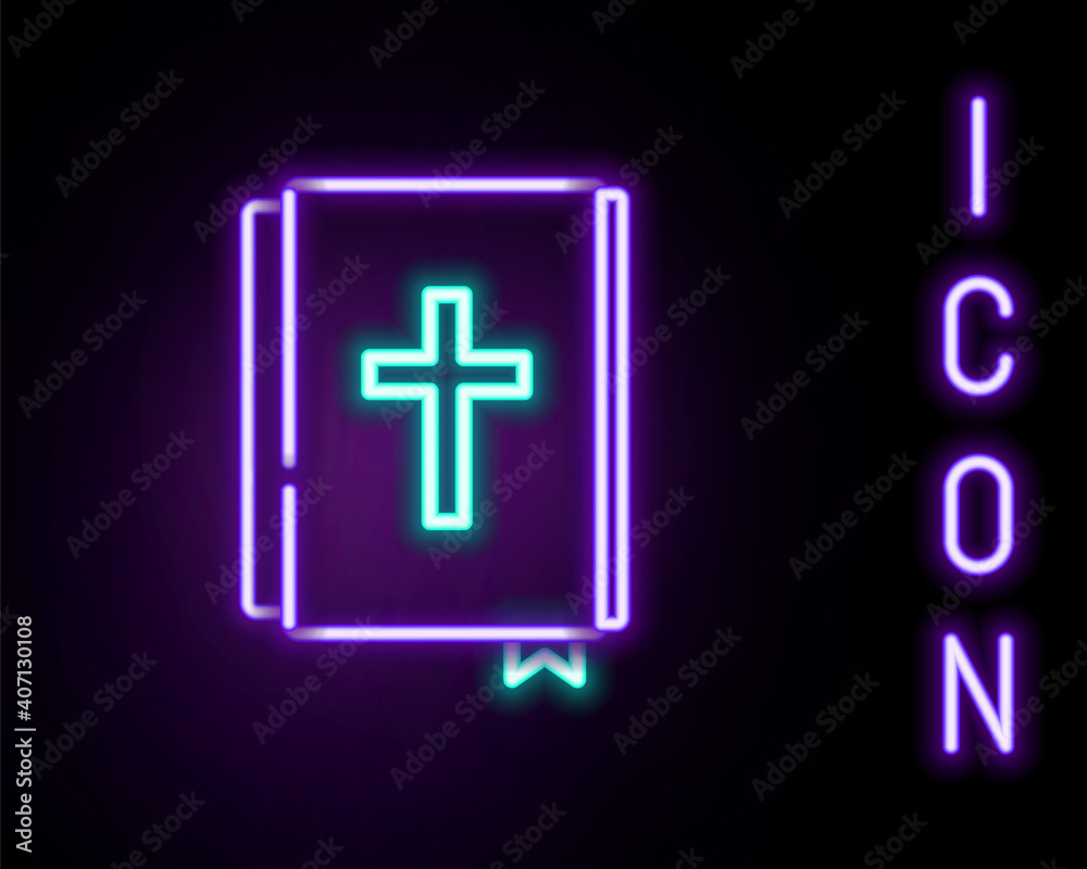 Glowing neon line Holy bible book icon isolated on black background. Colorful outline concept. Vector. Glowing neon line Holy bible book icon isolated on black background. Colorful outline concept. Vector.
