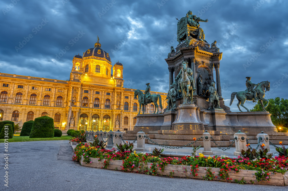 The Natural History Museum with the statue of Maria Theresa in Vienna, Austria, at twilight