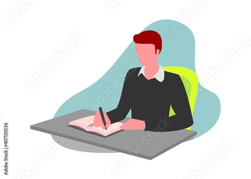 A boy writing on a book. Simple flat illustration