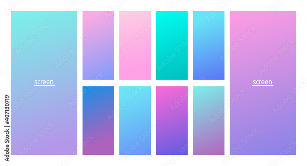 Fototapeta premium Soft pastel gradient smooth and vibrant color background set for devices, pc and modern smartphone screen soft pastel color backgrounds vector ux and ui design illustration isolated on white.