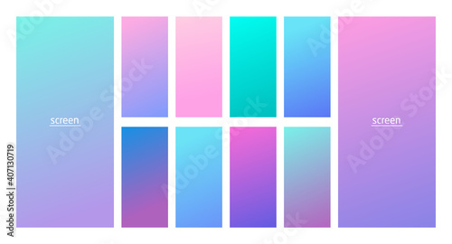 Soft pastel gradient smooth and vibrant color background set for devices, pc and modern smartphone screen soft pastel color backgrounds vector ux and ui design illustration isolated on white.