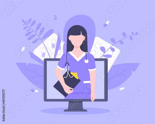 Online doctor medical service concept with doctor in the monitor screen vector illustration. Telemedicine web consultation for patients health care check ups and taking medicine prescription pills.