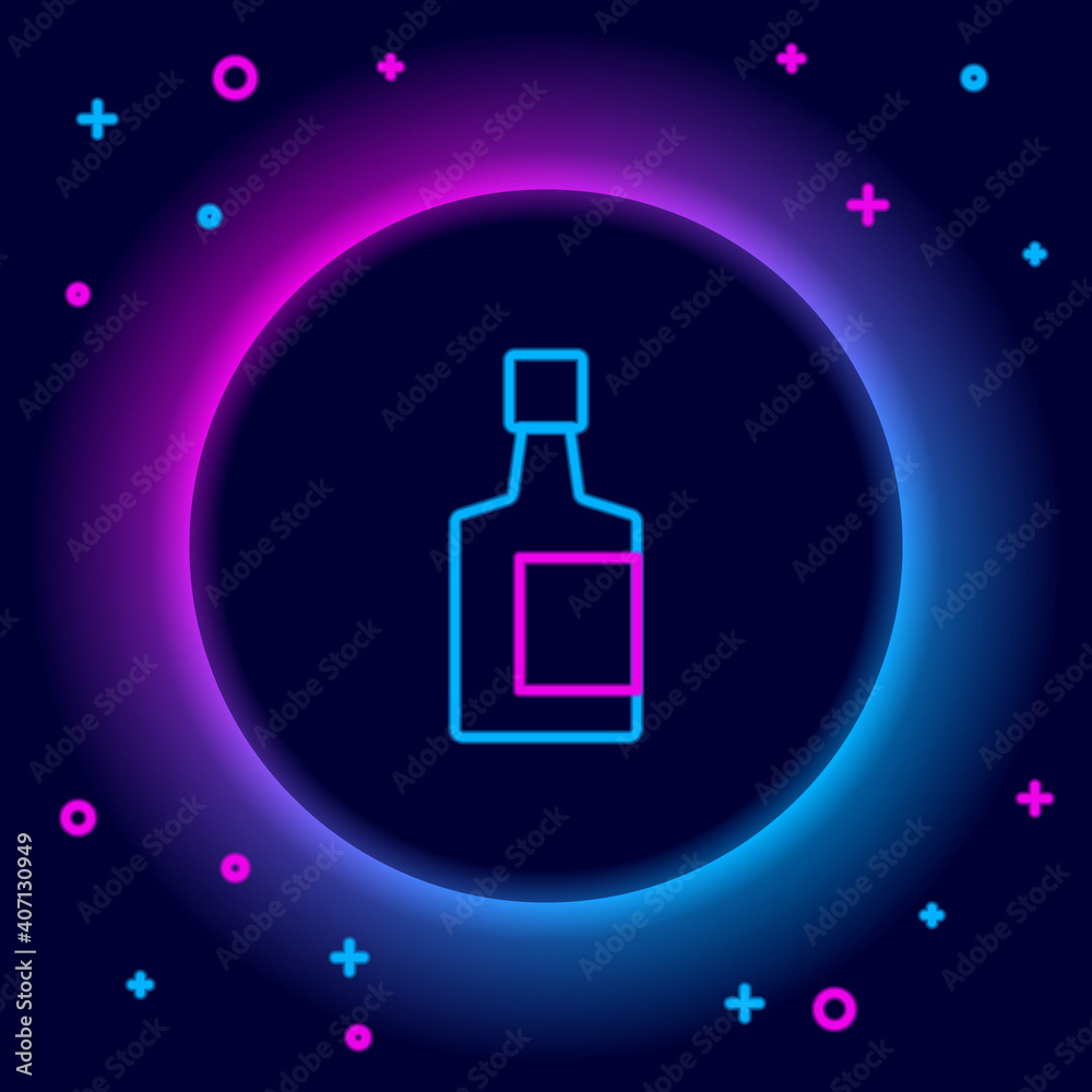 Glowing neon line Tequila bottle icon isolated on black background. Mexican alcohol drink. Colorful outline concept. Vector.