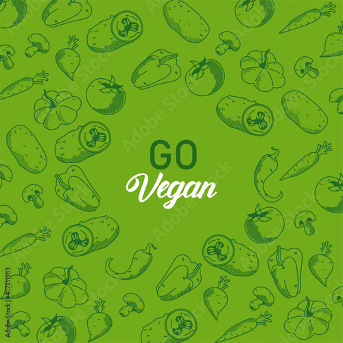 go vegan lettering poster with vegetables pattern in green background