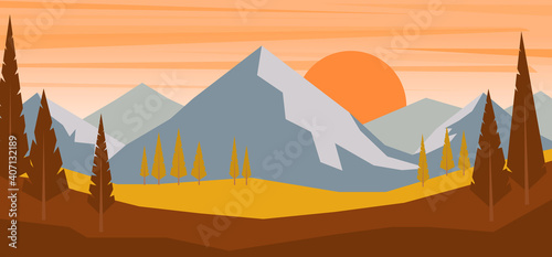 Cartoon mountain landscape in flat style. Design element for poster  card  banner  flyer. Vector illustration