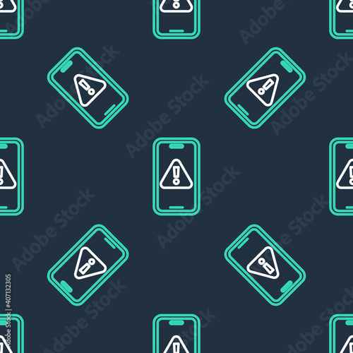 Line Mobile phone with exclamation mark icon isolated seamless pattern on black background. Alert message smartphone notification. Vector.