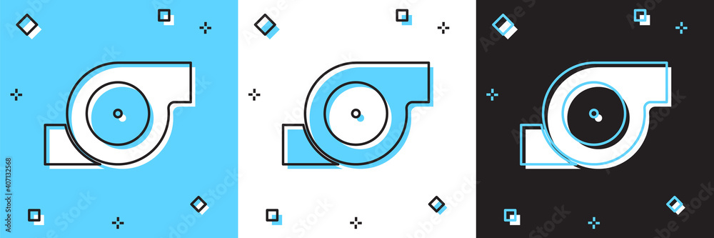 Set Automotive turbocharger icon isolated on blue and white, black background. Vehicle performance turbo. Turbo compressor induction. Vector. Set Automotive turbocharger icon isolated on blue and white, black background. Vehicle performance turbo. Turbo compressor induction. Vector.