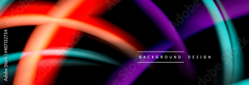 Dynamic motion abstract background. Color blurred stripes on black. Wave liquid lines poster. Vector illustration