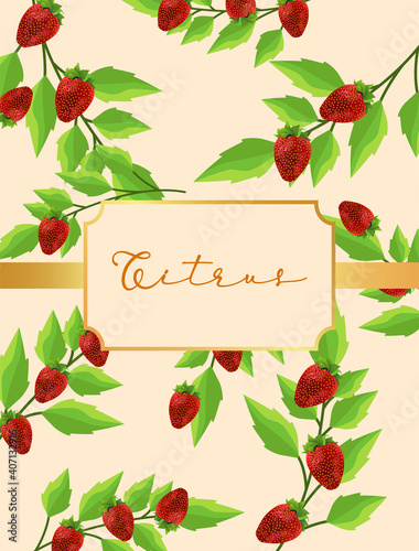 fresh strawberries fruits poster with citrus word lettering in pattern