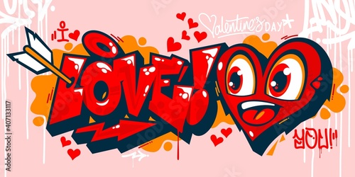 Abstract Graffiti Style I Love You With Hearts Text Lettering. Vector Illustration Art For Happy Valentines Day Or Wedding