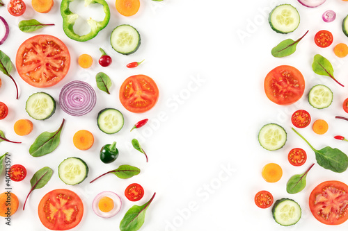 Fresh vegetables background with a place for text, a flat lay on white, vibrant food pattern, top shot