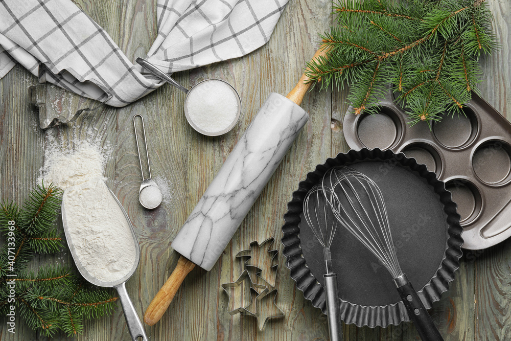 Ingredients and utensils for cooking pastries on wooden background Ingredients and utensils for cooking pastries on wooden background