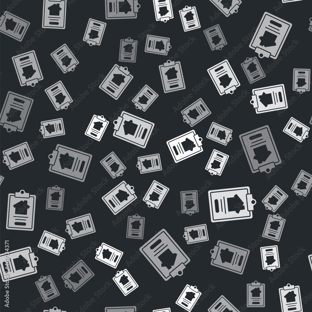 Grey House contract icon isolated seamless pattern on black background. Contract creation service, document formation, application form composition. Vector.