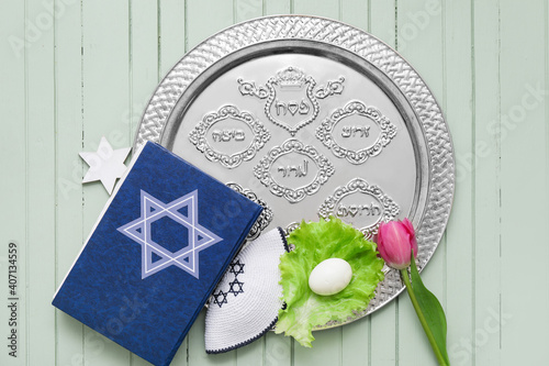 Festive composition for Passover celebration on table photo